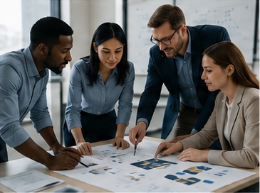 A team reviewing business strategy together around a table